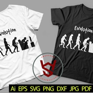 May include: Two t-shirts featuring a humorous graphic showing the evolution of humans from a caveman to someone sitting at a computer. The text "Evolution" is printed above the graphic. The t-shirts are white and black.