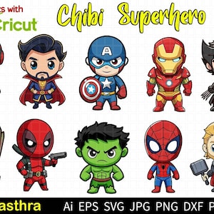 Chibi Superhero SVG, Baby Superhero Svg bundle, Cute Superheroes Avengers Clipart, Spiderman Hulk Clipart, Most famous superheroes Cut Files