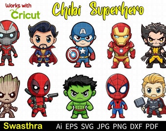 Chibi Superhero SVG, Baby Superhero Svg bundle, Cute Superheroes Avengers Clipart, Spiderman Hulk Clipart, Most famous superheroes Cut Files