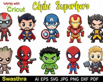 Chibi Superhero SVG, Baby Superhero Svg bundle, Cute Superheroes Avengers Clipart, Spiderman Hulk Clipart, Most famous superheroes Cut Files