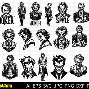 Puede incluir: Un conjunto de 18 ilustraciones digitales en blanco y negro del personaje del Joker de Batman. El Joker se representa en varias poses y expresiones, con algunas im&aacute;genes que incluyen texto como "Why So Serious?" y "Joker".