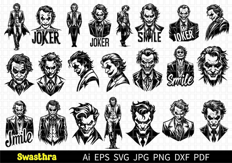 Puede incluir: Un conjunto de 18 ilustraciones digitales en blanco y negro del personaje del Joker de Batman. El Joker se representa en varias poses y expresiones, con algunas im&aacute;genes que incluyen texto como "Why So Serious?" y "Joker".