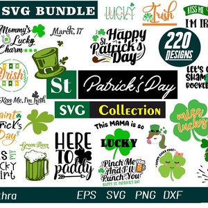 Puede incluir: Una colección de 220 diseños SVG para el Día de San Patricio. Los diseños presentan tréboles verdes, duendes, jarras de cerveza y textos como "Lucky One", "Kiss Me, I'm Irish", "Happy St. Patrick's Day" y "Feck Off".