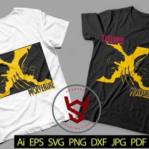 Puede incluir: Dos camisetas negras con un diseño gráfico amarillo y negro de los personajes de X-Men Cíclope y Lobezno. El texto "Cíclope" y "Lobezno" está impreso en rojo y blanco en las camisetas.