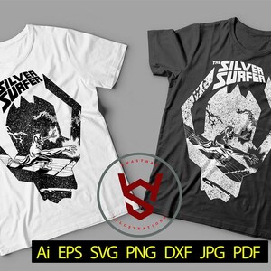 May include: Two t-shirts with a black and white graphic print of the Silver Surfer, a Marvel Comics superhero, riding his surfboard. The text "The Silver Surfer" is printed above the graphic. The t-shirts are available in white and black.