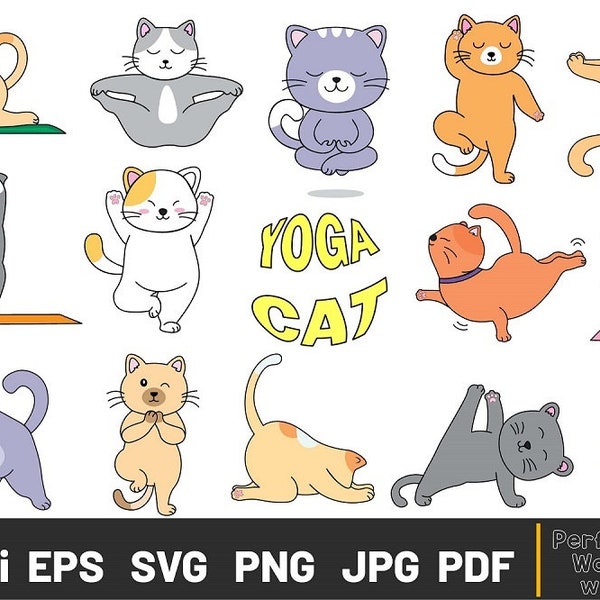 Funny Cat Doing Yoga SVG, Yoga Cat Kawaii clipart, Workout Cat clipart, Lazy Kawaii Kitten Kitty icon, Printable stickers, Planner supplies