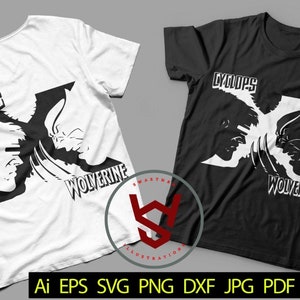 Puede incluir: Dos camisetas, una blanca y otra negra, cada una con un diseño gráfico. El diseño incluye las palabras "CYCLOPS" y "WOLVERINE" con perfiles de personajes estilizados. Estas camisetas son probablemente para fans de cómics o medios relacionados.