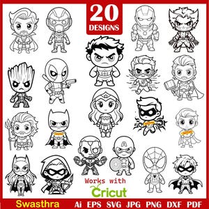 20 SVG de contorno de superhéroe chibi, paquete de SVG de superhéroe bebé, clipart de superhéroes lindos de los Vengadores, clipart de Spiderman Hulk, el superhéroe más famoso