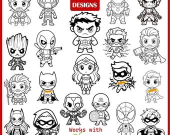 20 Chibi Superhero Outline SVG, Baby Superhero Svg bundle, Cute Superheroes Avengers Clipart, Spiderman Hulk Clipart, Most famous superhero