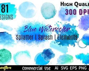 81 Blue Watercolor Vector Paint Splashes Glitters, Abstract Dark Blue Paint Splatters, Light Blue brush strokes Clip Art, Pastel PNG element