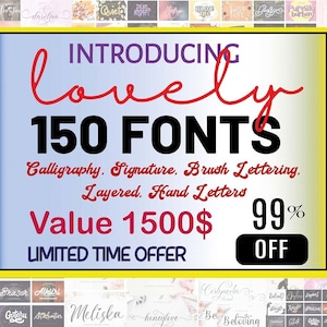 150 Lovely Fonts Bundle, Swashy Fonts, Handwritten Fonts, Calligraphy, Script Font, Cricut Fonts, Cursive Font, Procreate Font, Wedding Font