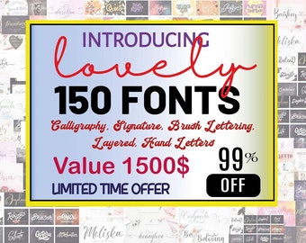 150 Lovely Fonts Bundle, Swashy Fonts, Handwritten Fonts, Calligraphy, Script Font, Cricut Fonts, Cursive Font, Procreate Font, Wedding Font