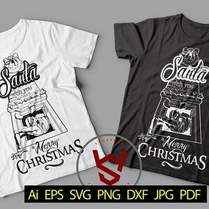 May include: Two t-shirt designs featuring a black and white illustration of Santa Claus climbing down a chimney. The text on the shirts reads "Santa wish you a Merry Christmas".