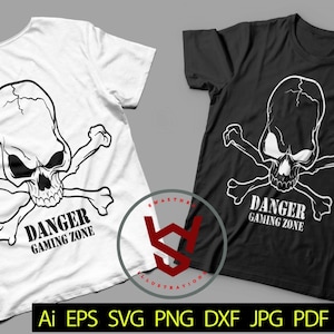 May include: Two t-shirts with a skull and crossbones design. The white t-shirt has black text that says "Danger Gaming Zone". The black t-shirt has white text that says "Danger Gaming Zone".