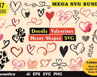 447 Doodle Heart SVG, Walentynki SVG, Symbole kształtów serca, Ikony serca, Pliki cięcia wektorów serca dla Cricut, Sylwetka, Romantyczne pliki svg