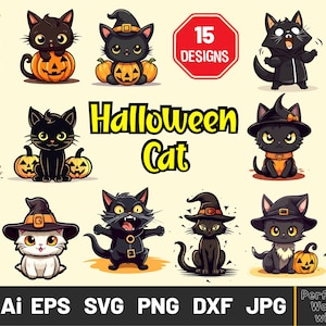Halloween Cat SVG clipart, Cute Halloween black cats, Kawaii Pumpkin Ghost Kitten clipart, Spooky Cat png, Funny Cat svg,Scary Halloween cat