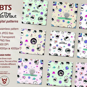 May include: Digital patterns featuring cartoon astronauts, planets, musical notes, and hearts in various colors. The patterns include the text "BTS The Astronaut" and "Jin". The image also shows the file details: seamless pattern, 9 JPEG files, 3 PNG files, 300 DPI, and 4000px x 4000px.