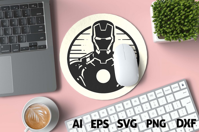 May include: A round, off-white mousepad featuring a black and white illustration of Iron Man. A white computer mouse rests on the pad. The image also includes a laptop, keyboard, and a cup of coffee. The bottom of the image shows the file types: AI, EPS, SVG, PNG, and DXF.