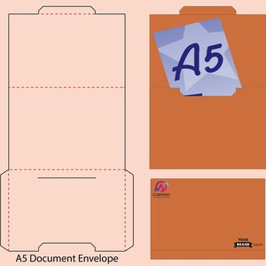 May include: A brown A5 document envelope template with a flap on the top. The envelope has a company logo and a space for a brand name. The template shows how to fold the envelope.