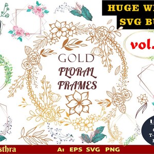 27 Golden Floral Frames Wreath, Watercolor Wreath, Wedding Flower Borders SVG, Geometric Monogram Templates, Polygonal Rose Gold Clip Art