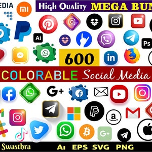 600 Social Media Icons SVG, Website, Social Network, Social logo cut files Svg, Png, Eps, PDF Black & White Icons for Shirt Print
