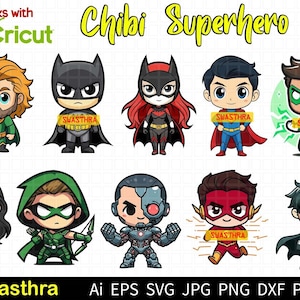 Chibi Superhero SVG, Pakiet Baby Superhero SVG, Uroczy Superbohaterowie League Clipart, Flash Aquaman Clipart, Najsłynniejsi Superbohaterowie Pliki do Cięcia