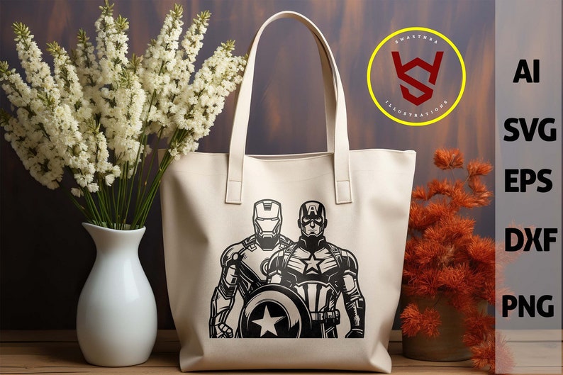 May include: Cream-colored tote bag featuring a black graphic of Iron Man and Captain America. The bag has two handles and is displayed with white flowers in a vase and text that says AI, SVG, EPS, DXF, PNG.