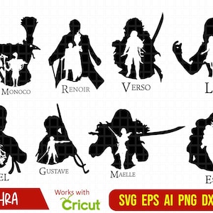 May include: Black and white silhouette designs featuring figures with swords, bows, and other accessories. Each design has a name, including "Monoco", "Renoir", "Verso", "Lune", "Sciel", "Gustave", "Maelle", and "Esquie". The image also includes the text "SWASTHRA" and "Works with Cricut".