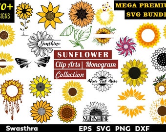 210 Paquete SVG de girasol, archivos SVG de girasol cricut, corona de girasol svg, monograma de girasol, imágenes prediseñadas florales, paquete floral svg, floristería