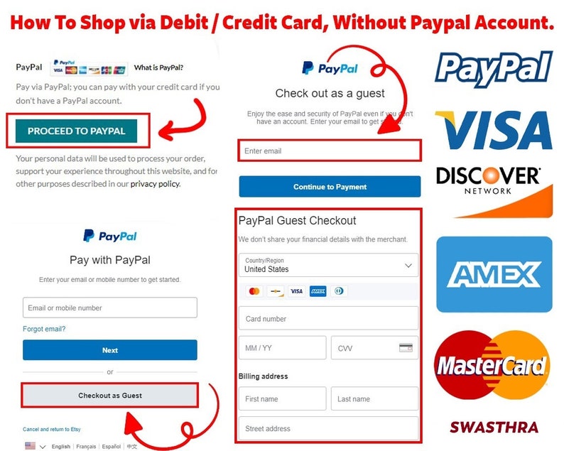 May include: A guide on how to shop via debit or credit card without a PayPal account. The image shows PayPal checkout options, including guest checkout, and accepts Visa, Discover, AMEX, and Mastercard.