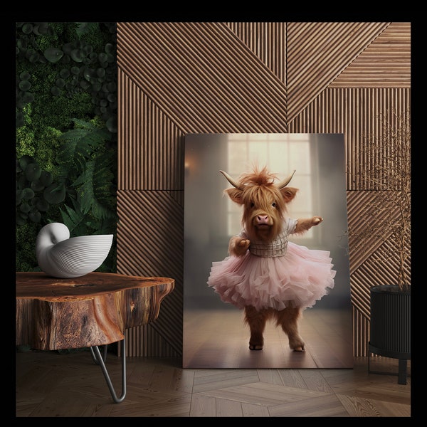 Highland Cow cute ballerina in pink tutu dancing. Colour portrait INSTANT DIGITAL DOWNLOAD 300dpi