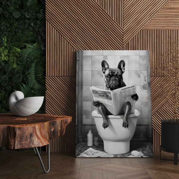 French bulldog sitting on the toilet reading newspaper picture. Black white portrait INSTANT DIGITAL DOWNLOAD 300dpi