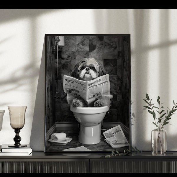 Shih tzu dog sitting on the toilet reading newspaper picture. Black white portrait INSTANT DIGITAL DOWNLOAD 300dpi