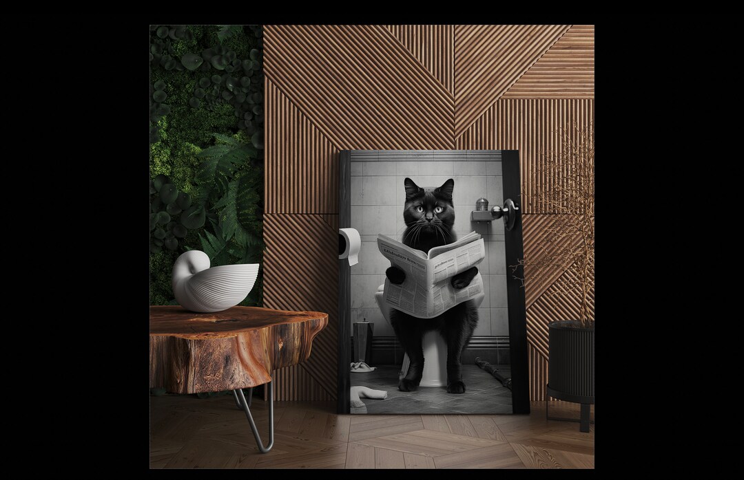 Black Cat Sitting on the Toilet Reading Newspaper Picture. Black White ...