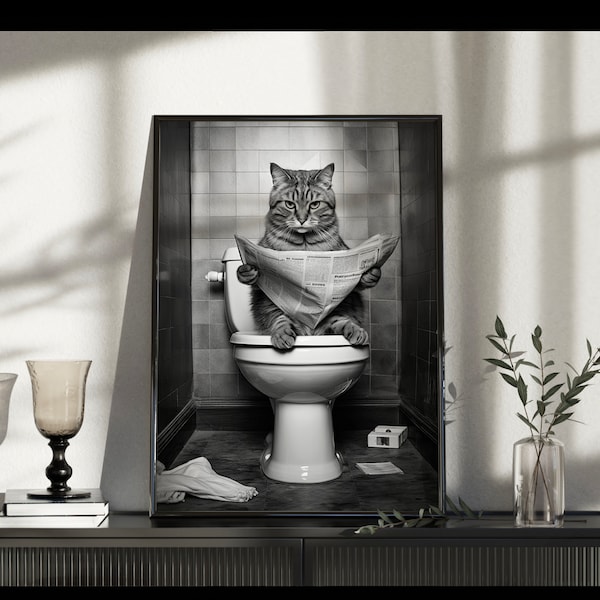 Chat assis sur les toilettes lisant une photo de journal. Portrait noir blanc TÉLÉCHARGEMENT NUMÉRIQUE INSTANTANÉ 300dpi