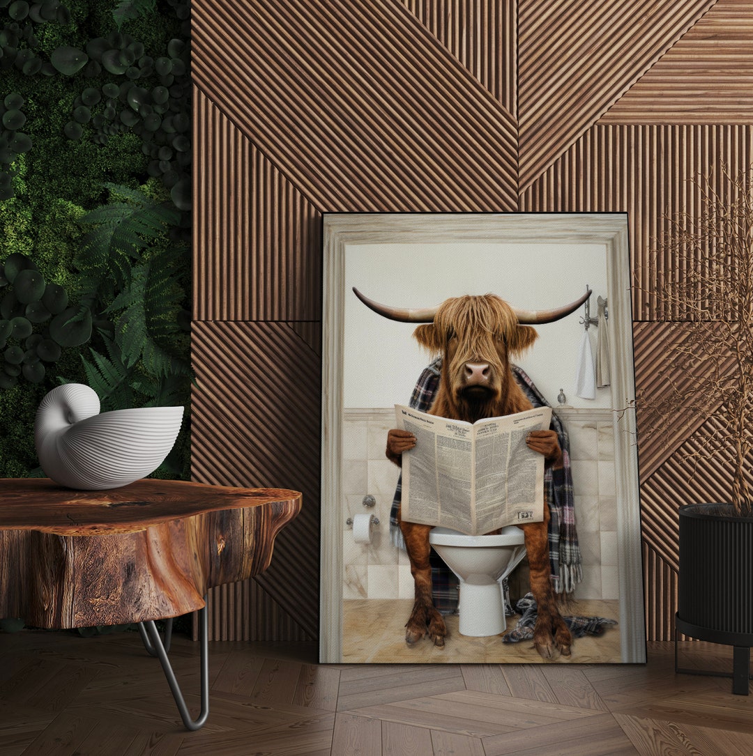 Highland Cow Sitting on the Toilet Reading Newspaper Picture. Colour ...