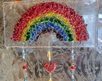 Atrapasol conmemorativo para mascotas de arcoíris de vidrio fusionado con cenizas de mascota conservadas en un corazón de resina, personalizado, pérdida de mascota
