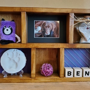 May include: A wooden shadow box with a purple stuffed animal, a framed photo of a brown dog, a heart-shaped glass jar with sand, a white paw print, a purple ball of yarn, and white blocks spelling "BEN" with a heart.