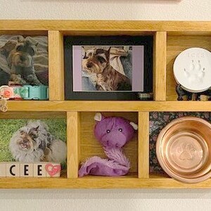 May include: A wooden pet memorial shelf with multiple compartments. It contains framed photos of dogs, a paw print keepsake, a purple plush toy, a copper dog bowl, and a dog collar. The name "ICEE" is spelled out with wooden blocks.