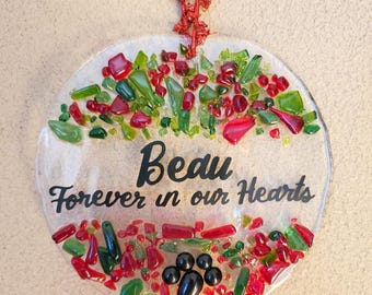 Pet Memorial Fused Stained Glass Christmas Tree Ornament- Pet lovers, pet loss, paw print Personalized Dog cat memorial, custom made