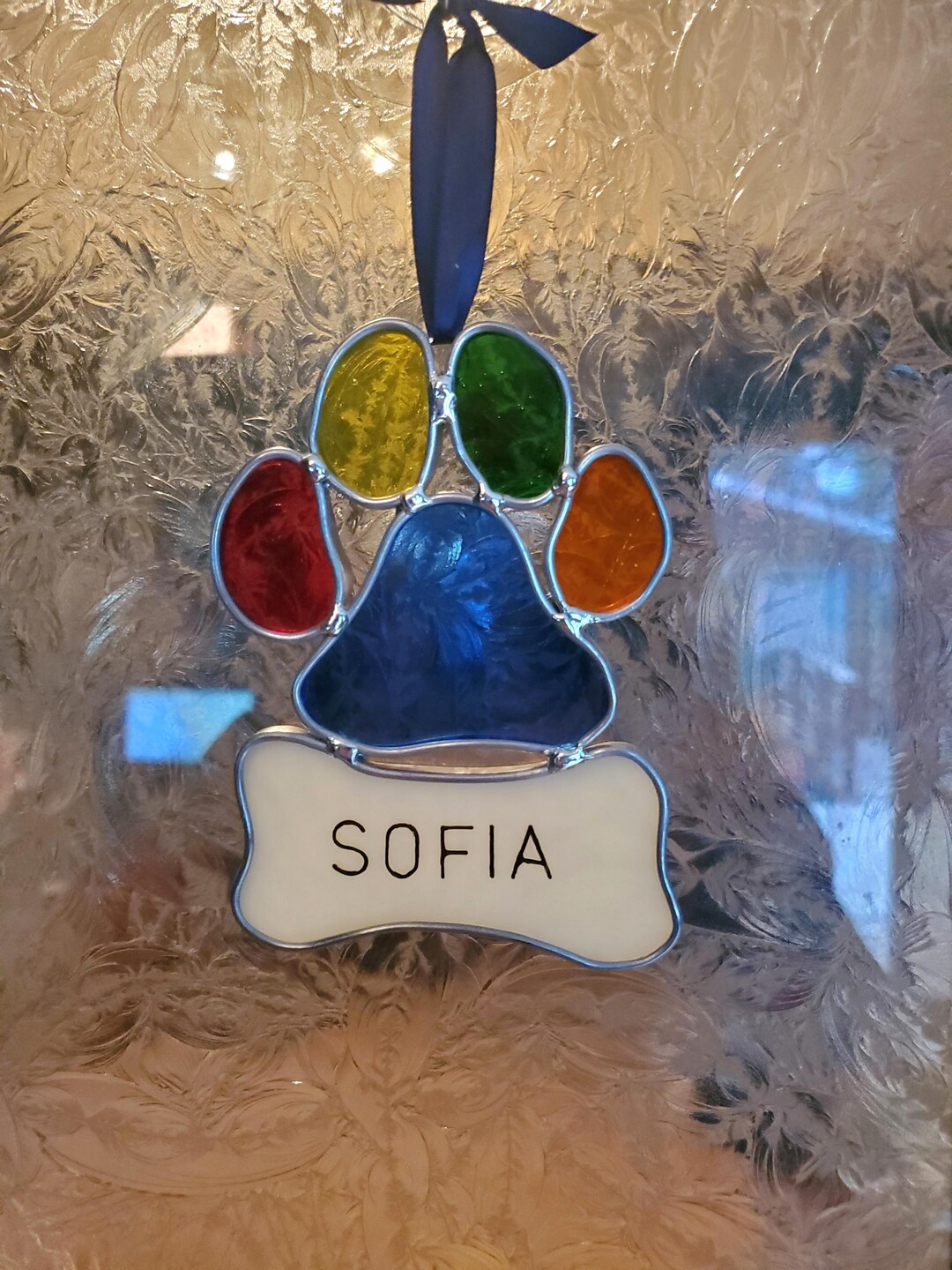 Pet Memorial Stained Glass Paw Print Suncatcher W/personalized Dog Bone ...