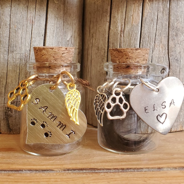 Small glass fur or ashes pet memorial bottle with engraved heart charm, wing, pawprint, angel charms - cat, dog