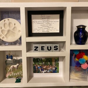 May include: A white shadow box with multiple compartments, containing a paw print, a framed document, a blue urn, the name "ZEUS" in block letters, a photo, and a decorative item. The urn has paw prints and the name "ZEUS".