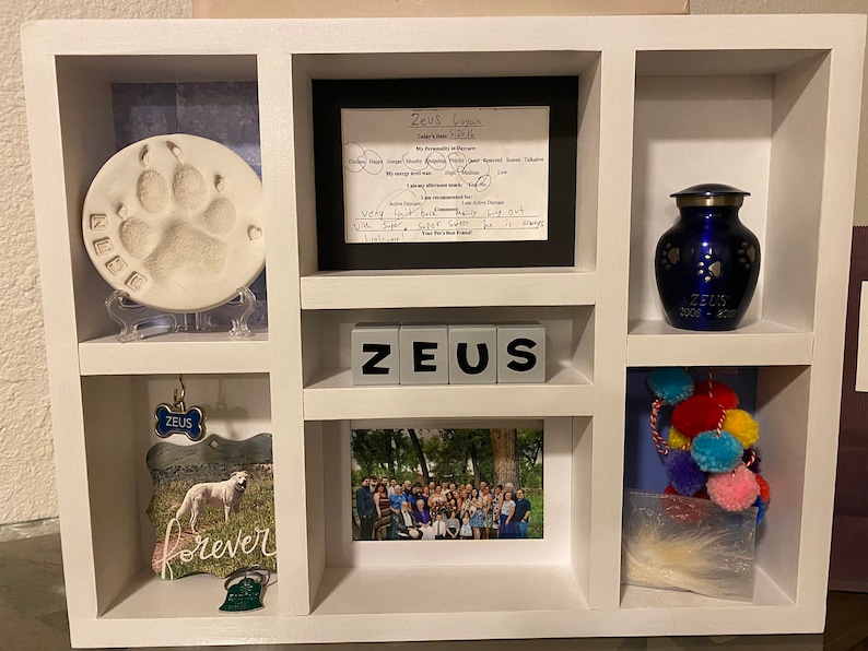 May include: A white shadow box with multiple compartments, containing a paw print, a framed document, a blue urn, the name "ZEUS" in block letters, a photo, and a decorative item. The urn has paw prints and the name "ZEUS".