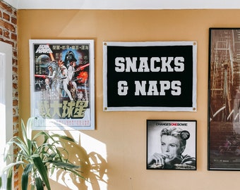 SNACKS AND NAPS Wall Hanging Banner Flag / gallery wall decor / motivational / kids bedroom / man cave / kitchen / lockdown