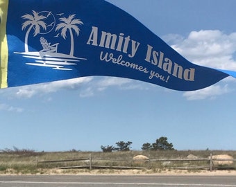 AMITY ISLAND Pennant Flag / felt pennant / wall hanging banner / gallery wall / souvenir / jaws / quint / brody / great white shark / movie