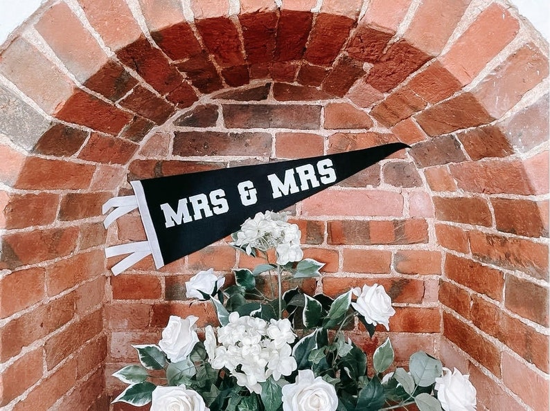 MRS & MRS wedding theme Pennant Flag / felt pennant / LGBTQ / lesbian / wall hanging banner / same sex wedding / just married / brides image 1