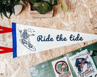 RIDE THE TIDE Pennant Flag / felt pennant / wall decor / skeleton surfer / boho decor / surfs up / outdoor life / ocean wave / surfboard