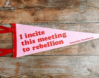 May include: Pink felt pennant with the text "I incite this meeting to rebellion" in red lettering. The text "Emmeline Pankhurst" is also in red lettering at the bottom right corner.