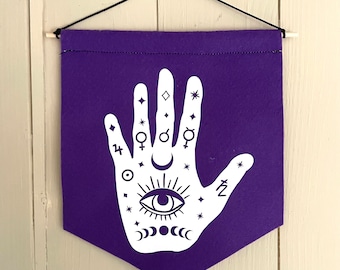 MYSTIC HAND felt wall hanging / felt pennant / mystic hand / fortune teller / tarot / esoteric / wall hanging decor